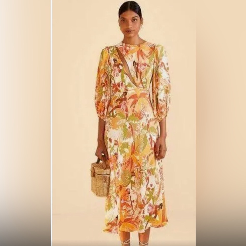 FARM Rio Cream Midi Dress with Orange & Green Floral Print